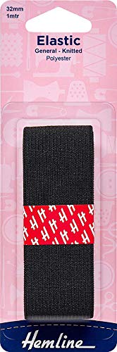 Hemline Black General Purpose Knitted Elastic – 32Mm X 1M For Sportswear, Tracksuits & Garments Soft, Stretchy Polyester Elastic For Versatile And Durable