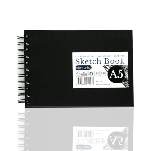 Elements A5 Wire-O Sketch Book | 50 Sheets (100 Sides) | 180 GSM Acid-Free Paper | Perforated Pages – Ideal for Mixed Media Art (Black Cover)