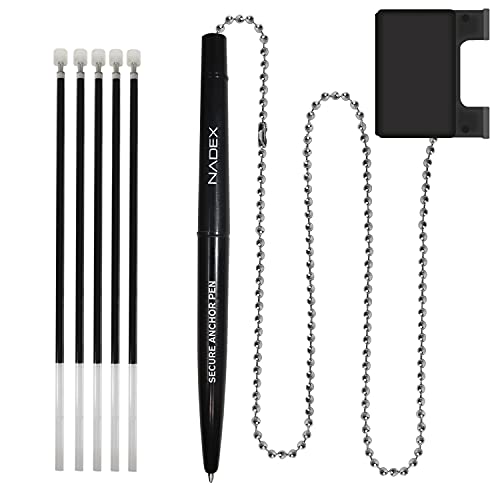 Nadex Pen With Security Chain And Base Mount | Set Of 1 Pen, 1 Adhesive Mount, And 5 Refills (Black) #TOP1
