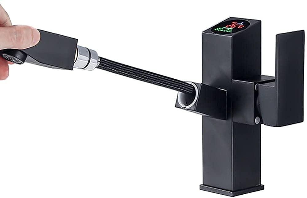 Mitigeur de lavabo noir à écran LED et bec extractible pour salle de bain