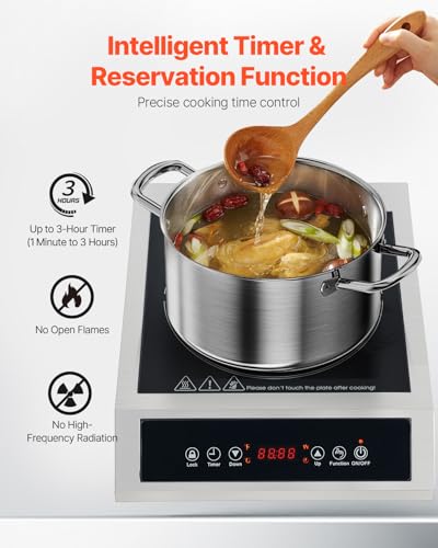 Image of VEVOR Induction Cooktop, 3500W Commercial Induction Burner with 11-Level Temperature, Stainless Steel Countertop Induction Hot Plate with 3H Timer, Child Lock for Restaurant (6-15P Plug, 6-20R Outlet)