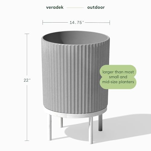 Image of Veradek Demi Series Raised Planter - Round Planter with Stand | Made From a Durable Plastic-Stone Composite & Comes With Wooden Stand. Modern Porch /Patio Decor