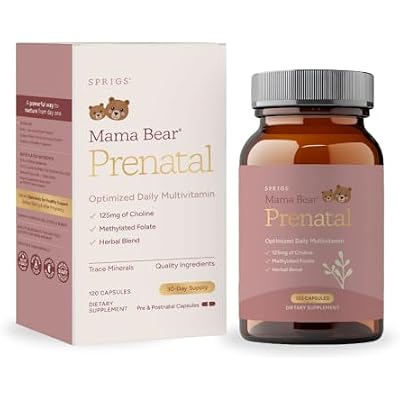 SPRIGS Mama Bear Prenatal Gold Multivitamin with Methylated Folate & Choline, Easy to Digest Prenatal Vitamins for Women, Clean Herbal Blend Pregnancy Support Supplement, 120 Capsules