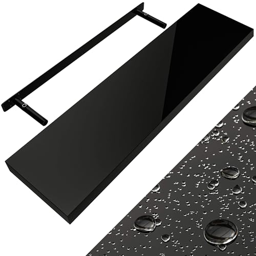 Casaria® Étagère Murale Flottante Noir Brillant 90 cm MDF Robuste Effet Flottant Support de Fixation Inclus étagère Bois