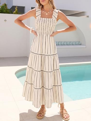 Image of Caracilia Womens Summer Maxi Dresses Floral Smocked Sleeveless Ruffle Boho Casual Flowy Aline Beach Vacation Long Sundress