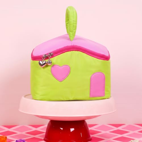 Image of House of Quirk Large Capacity Makeup Bag for Women, Portable Cosmetic Organizer, Water-Resistant Travel Toiletry Bag with Handle, Cute Heart Design, Zipper Vanity Storage Case (Green /Pink)