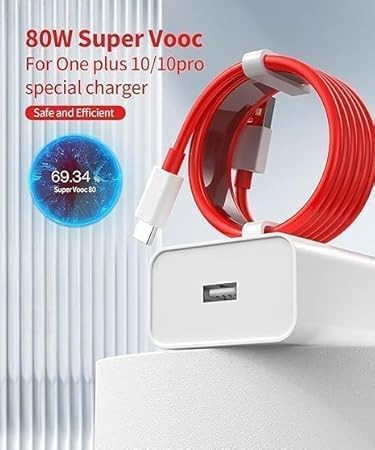 Image of 80W Super VOOC Charger for 80W Charger with USB to C Cable Fast Super VOOC Charger for 10T 10R 10pro 9 pro 9RT 9 8 8t 7 7t 6 6t 5 5t Nord2T (Adapter & Cable) (DP201)