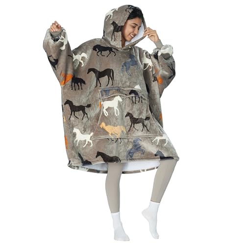 Tirrinia Wearable Blanket Oversized Hoodie for Adults, Horse Print Gift Sherpa Sweatshirt, as for Family & Friend. One Size Fits All