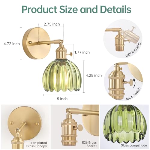 Vintage Wall Sconces with Cute Green Tulip Glass Lampshade 180 Degree Adjustable Brass Sconces Hradwired Modern Wall Lighting Fixture with Switch for Bedside Bedroom Doorway - Image 7