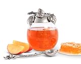 Vagabond House Honey Pot Jam Jelly Jar with Pewter Apple Lid and Spoon 4 inch Wide x 5 inch Tall