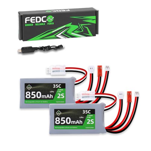 FEDCO 7.4V Lipo Battery 2S 35C 850mAh Rechargeable JST&PH2.0&MX2.0&MJ Plug Connector With USB Charger For SCX24 CR18P FCX18 FCX24 RC Crawler WLtoys A949 K929 and More 1/18 1/24 RC Car Boat RC Airplane