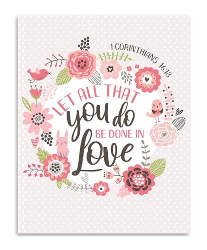 Bible Verse - Let All That You Do, 1 Corinthians 16:14-11x14 Unframed Print, Religious Wall Art and Scripture Decor, Great Christian Gift, Floral Cute Animals, Kids Room or Nursery Décor