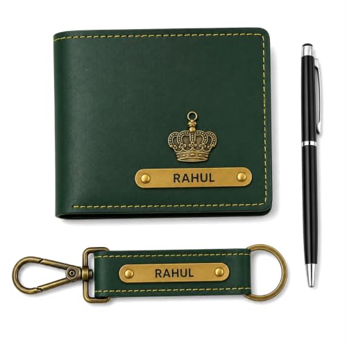 Image of B'Code Personalized Name & Charm Leather Wallet Mens Combo Giftset | Customized Birthday Anniversary Wedding Engagement Office Gifts for Man| Gift for Men| Brothers Raksha Bandhan Present (Green)