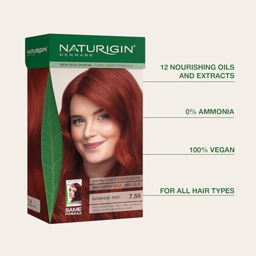 Image of Naturigin Permanent Red Hair Dye - 7.55 Intense Red, Ammonia Free, 100% Gray Coverage, Nourishing Natural Formula, For All Hair Types, Long-Lasting, Vegan & Cruelty-Free, 1 Pack