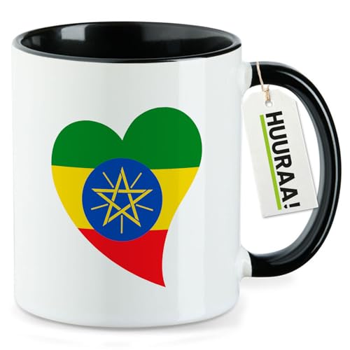 Huuraa Kaffeetasse Äthiopien Flagge Herz 330ml Schwarz Keramik Kaffeebecher Geschenkidee