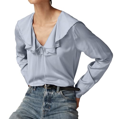 Womens Light Blue Satin Tie Up Shirt Ruffle V Neck