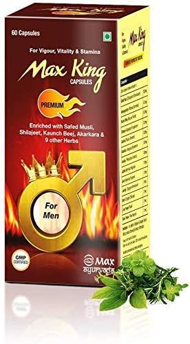 Max Ayurveda King Premium Enriched with Safed Musli, Irani Akarkara, Kaunch Beej, Shilajit & 9 More Herbs - 60 Capsule (Pack of 1)