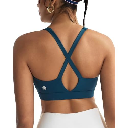 RUNNING GIRL Sports Bra for Women High Support, Molded Cup High Impact Sports Bras with Sewn in Pads Strappy Running Bra Dark Blue Medium