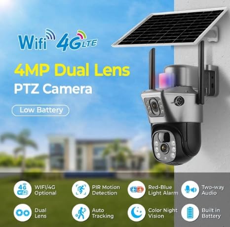Image of DDLC Dual Lens Solar Powered 4G PTZ Security Camera - 360 Pan-Tilt View, AI Human Tracking, Color Night Vision, Two-Way Audio, and Expandable SD Storage up to 128GB (Dual Lens Solar Penal)
