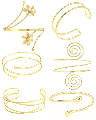 Minimalist Gold Arm Cuff Bracelet Upper Arm Band Cuff Bangle for Women Adjustable Armband Set 6 Pieces