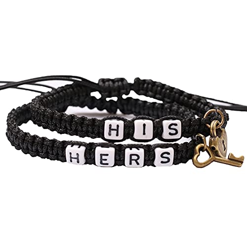 Image of AKOAK 2 Pcs HIS HERS Couple Braided Bracelet Padlock Key Pendant Hand Braided Lanyard Valentine's Day Gift Jewelry