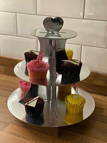 3 Tier Christmas Xmas Party Cardboard Fairy Cup Cake Cupcake Muffin Stand Dessert Holder King Charles Coronation Street Party (Silver)