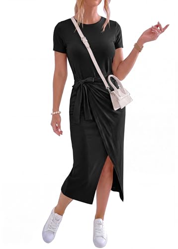 Image of NOLLSOM Women Casual Sleeveless Striped Tank Midi Dresses Halter Neck Ruched Bodycon Dresses Tie Waist T Shirt Summer Dress