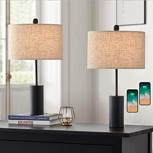 PoKat 21.75” USB Modern Industrial Table Lamp Sets of 2 for Living Room Classic Black Metal Bedside Nightstand Lamp with 2 USB Ports for Bedroom