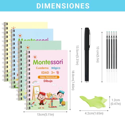 Handwriting Practice Books for Kids Aged 3-5 (4 Books) - Reusable Grooved Magic Workbooks with Pens - Alphabet, Math, Number, Drawing Nursery School Kit - 19x13cm