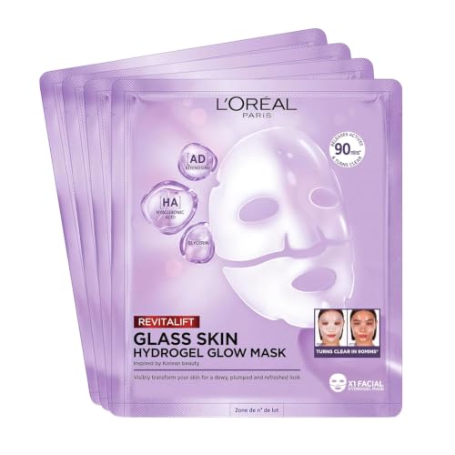 L'Oréal Paris Glass Skin Hydrogel 4er Maskenbox, für aufgepolsterte & glowy Haut, feuchtigkeitsspendend & glättend, [mit Hyaluronsäure]… – Ansicht 1