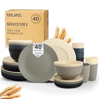 Perlapoc 40 PCS Wheat Straw Dinnerware Set | Service for 8 Plastic Dishes Set Unbreakable Plates and Bowls Sets, Drinking Glasses, Dishwasher and Microwave Safe Dish Set for KItchen - Gray Stone