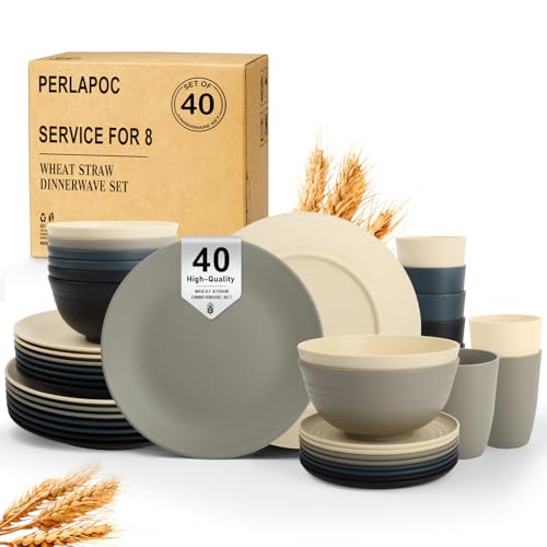 Image of 40 PCS Wheat Straw Dinnerware Set | Service for 8 Plastic Dishes Set Unbreakable Plates and Bowls Sets, Drinking Glasses, Dishwasher and Microwave Safe Dish Set for KItchen - Gray Stone