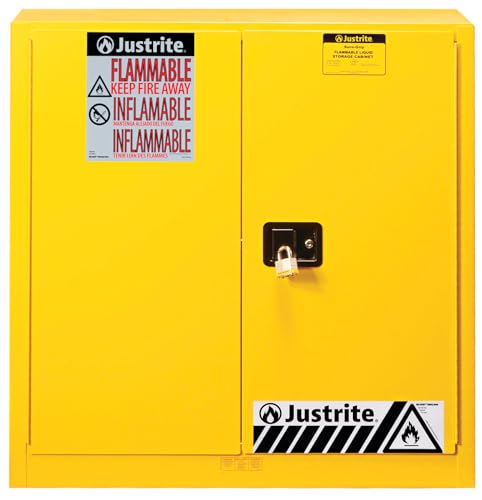 Image of Justrite 40 Gallon Manual Close Paint and Ink Safety Cabinet, 18 Gauge Steel, 3 Shelves, 43 inch x 44 inch x 18 inch, 2 Door Combustibles Cabinet, Made in The USA, Yellow, 893010