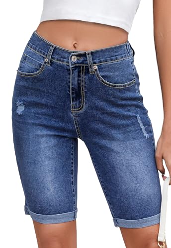 Metietila Women's High Waisted Bermuda Denim Shorts Folded Hem Elastic Waist Stretchy Jean Shorts, Medium Indigo, Large