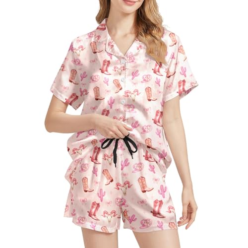 Image of Silk Satin Pajama Set for Women Summer Lounge Pjs Sets 2 Piece Suit Ladies Button Down Tops And Shorts Sleepwear