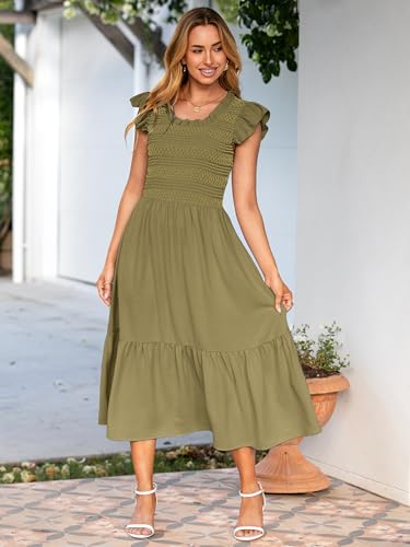 Image of Simplee Womens Summer Midi Dress Casual Boho Smocked Waist Flutter Sleeve A Line Flowy Tiered Dress with Pockets