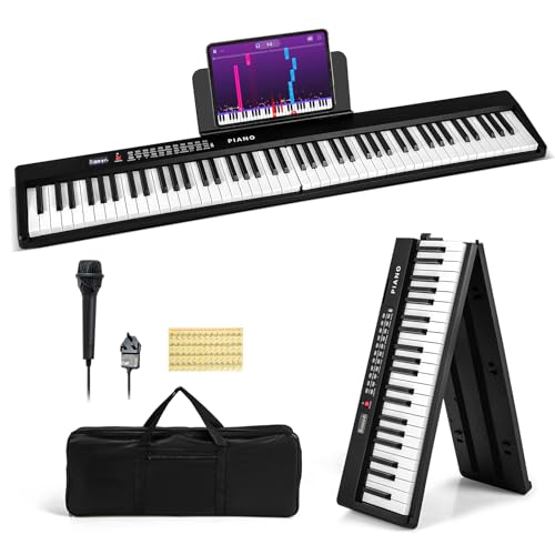 COSTWAY 88-Key Folding Digital Piano Keyboard, Full-Size Semi-Weighted Electric Piano with Microphone, Wireless Connection, Carrying Bag, Portable Keyboard for Beginners, Kids, Adults (Black)