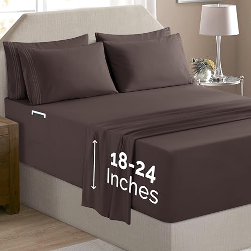 GIGBEI hotel quality bed sheets, 6-piece set, extra deep pockets, chocolate brown, wrinkle, holder pockets, queen, adjustable, lightweight, durable, portable, user-friendly