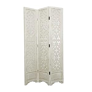 Deco 79 Wood Floral Hinged Foldable Partition 3 Panel Room Divider Screen with Intricately Carved Designs, 45" x 1" x 75", White Deco 79 Wood Floral Hinged Foldable Partition 3 Panel Room Divider Screen with Intricately Carved Designs 45 x 1 x 75 White