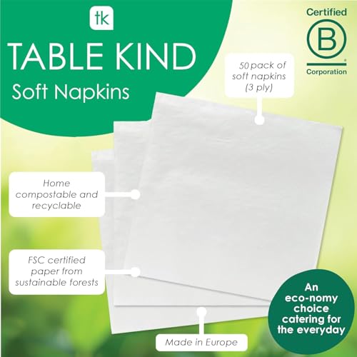 Table Kind 50 x Soft White Napkins, Disposable Napkins Quality Serviettes for Party Serviettes, Catering & Everyday Use, Eco-Friendly Home Compostable FSC, Recyclable, Made in EU 3ply 33cm