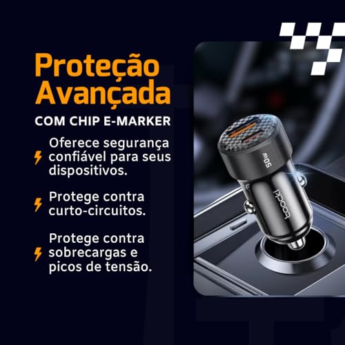 Carregador Veicular Toocki Dual Port 50w com Carregamento Rápido QC3.0 + PD - Preto