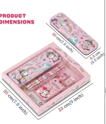 Image of Pack of 6 sets- Unicorn Themed Stationery Set for Kids party I Kit with Pencil box, Pencils, Eraser, Ruler, Sharpener & caryons - Birthday Return Gifts in bulk for Girls 3-10 Years.