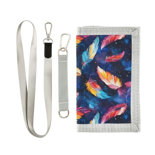FOLIOSA Kids Wallet for Boys Girls Watercolor Feathers Print Youth Wallet with Zipper Pocket Card Holders, Novelty Wallet 4.9×2.9 in
