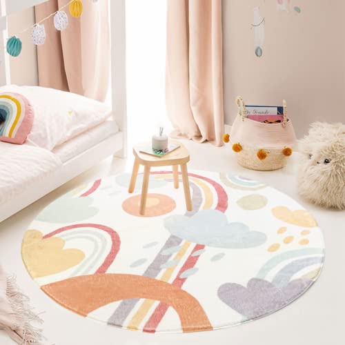 Ustide Rainbow Round Area Rug 4Ft, Soft Girls Living Room Rug Non Slip Bedroom Rug Foldable Washable Soft Floor Carpet For Teen Girls Bedroom Playroom Nursery Room #TOP1