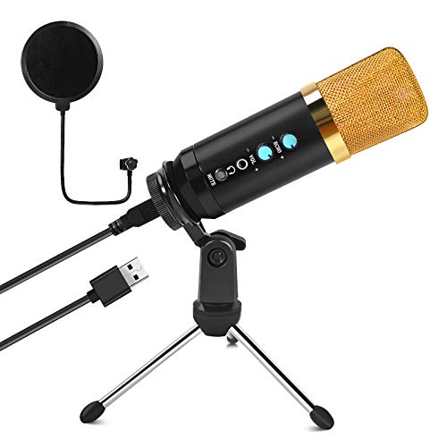 Beedove USB Microphone, Condenser PC Microphone, Professional Recording Plug and Play One Key Mute with Stand & Pop Filter for Computer Laptop, for Singing Podcasting Gaming Youtube(Gold)