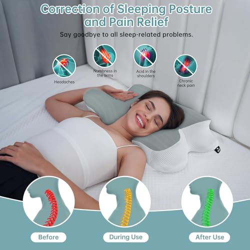 Honfay Almohada Cervical Ergonómica 2 en 1 con Memoria de Forma, Alivia el Dolor del Cuello y los Hombros, para Dormir en el Lateral, Espalda y Vientre, Altura Ajustable 11 cm/13 cm (Gris, L) - imagen 4