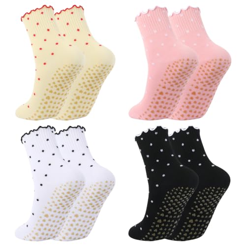 soxitoevy 4 Pairs Polka Dot Cotton Socks for Women Ruffled Yoga Pilates Socks Fit US Shoe Sizes 5.5-8.5