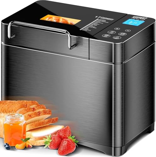 KEEPEEZ Pro 710W 2LB Bread Maker, Stainless Steel 17-in-1 Smart Bread Machine with Healthy Ceramic Pan, Automatic Nut Dispenser, Tempered Glass Touch Panel, 3 Crust Colors, 15H Timer&Keep-Warm,Recipes