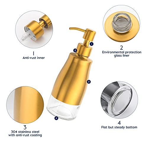 Gaussra Soap Dispenser With Non-Slip Coaster, Brushed Gold Stainless Steel Glass Hand Pump Dispenser, Anti Rust Lotion Bottle, For Kitchen & Bathroom Detergent Bottle，Refillable Hand Liquid Dispenser #TOP3