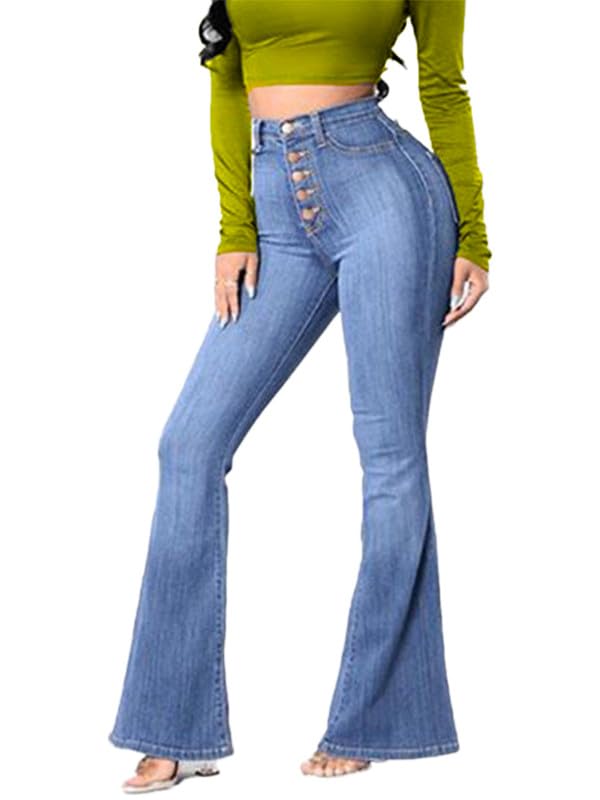 Andongnywell Women's High Rise Button Flare Jeans Bell Bottom Raw Hem Denim Pants Boot Cut Wide Leg Trousers